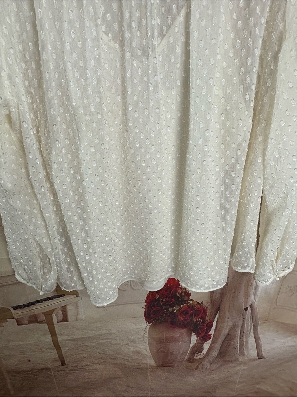 NEW NYDJ Cream Crinkle Clip Swiss Dot V-Neck Peasant Blouse - Picture 7 of 11